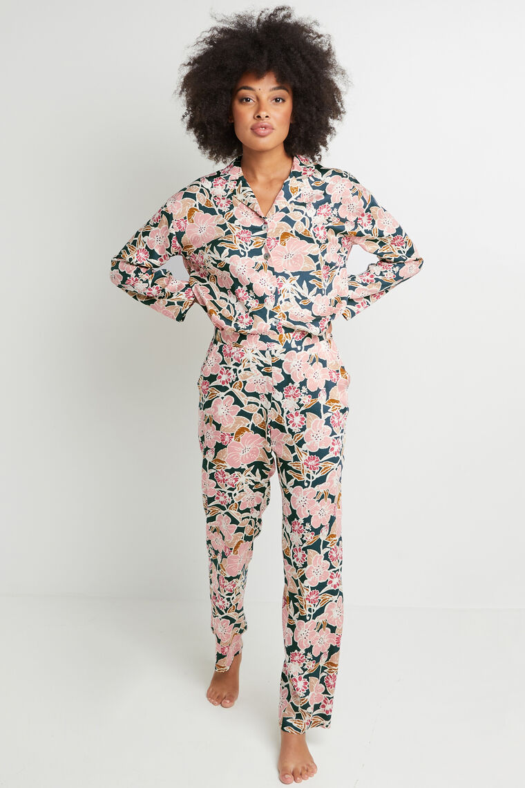 PANTALON DROIT VISCOSE VERT/ROSE