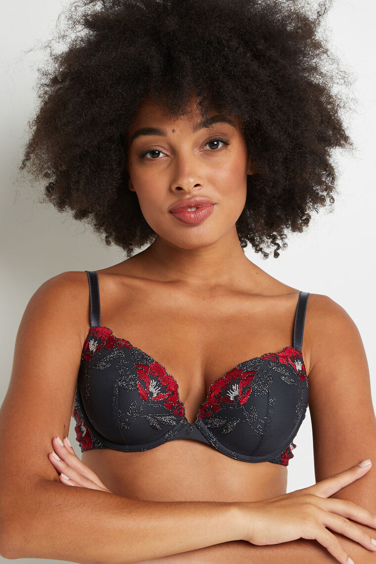 SOUTIEN-GORGE PUSH UP TULLE BRODE GRIS/ROUGE