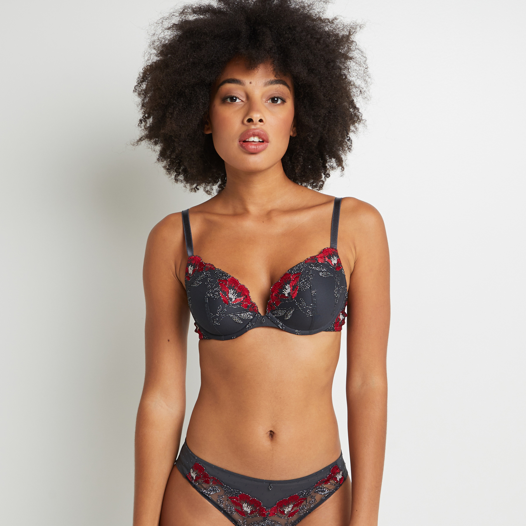 SOUTIEN-GORGE PUSH UP TULLE BRODE GRIS/ROUGE