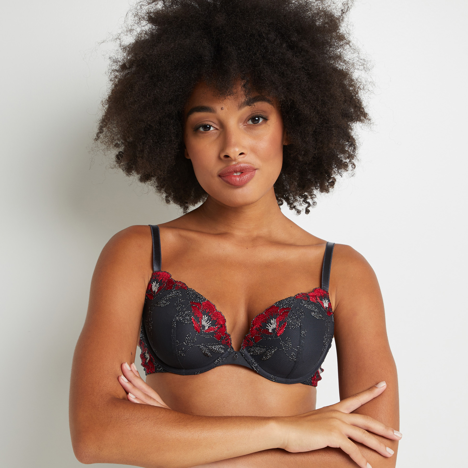 SOUTIEN-GORGE PUSH UP TULLE BRODE GRIS/ROUGE