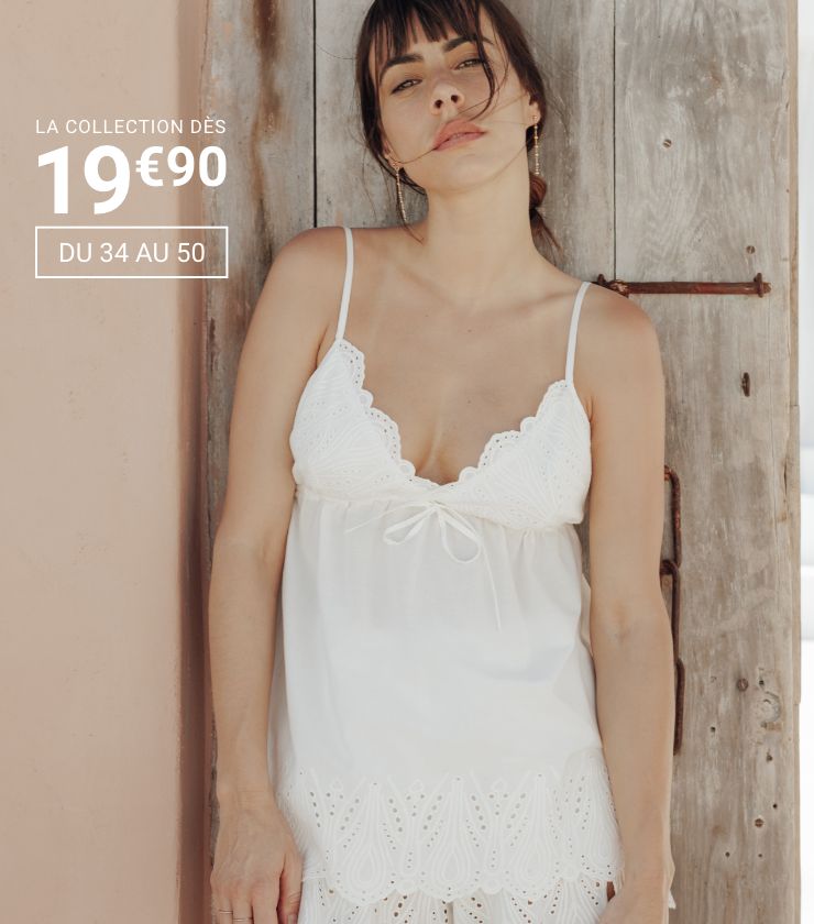 Chemise de nuit blanche en dentelle avec fines bretelles, disponible du 34 au 50, dès 19,90€.